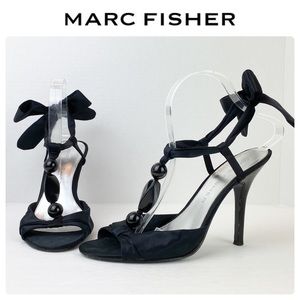 Marc Fisher Black Satin Beaded Ankle Tie Sandals, 8.5